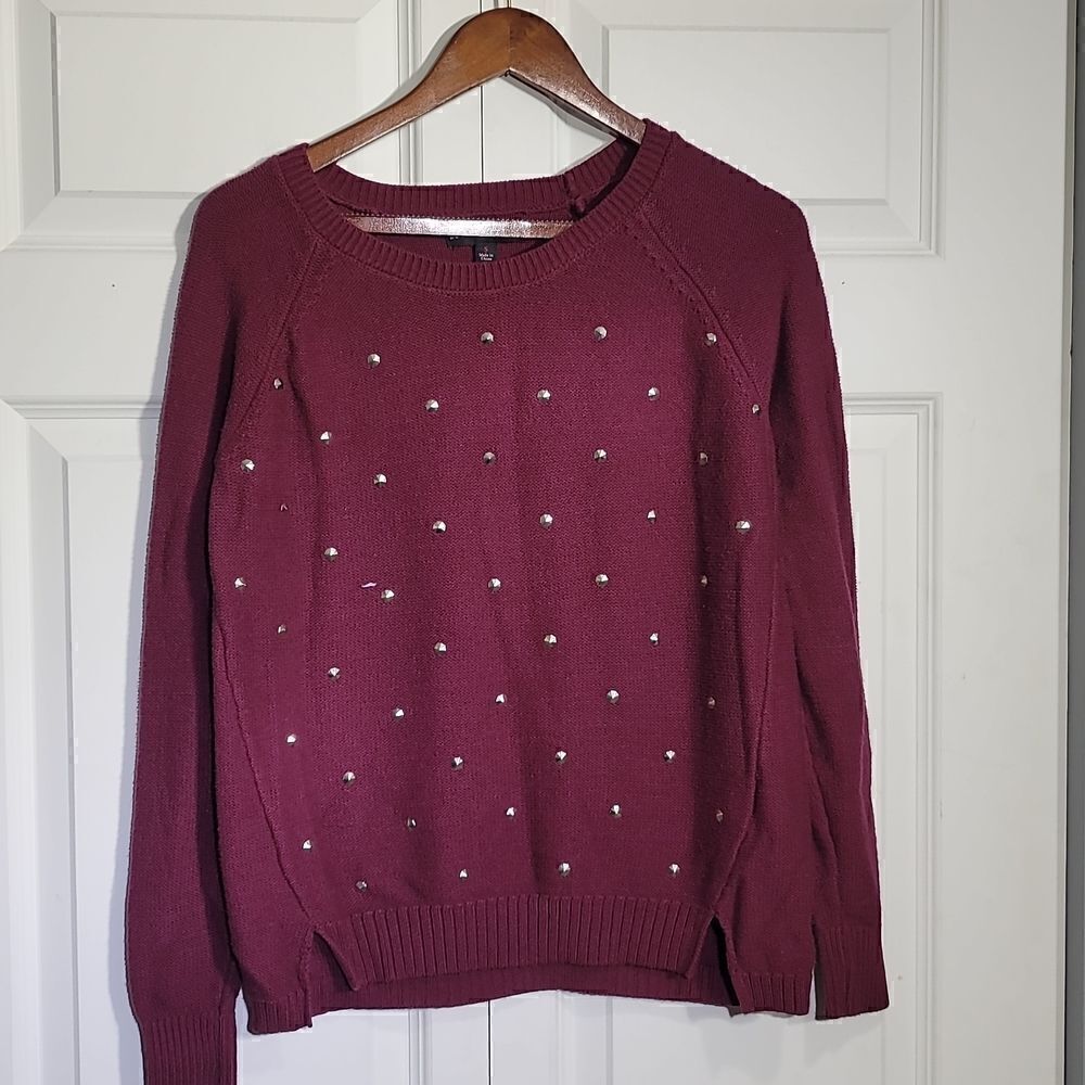 Rock & Republic Burgundy Maroon Silver Stud Round Neck Knit Sweater